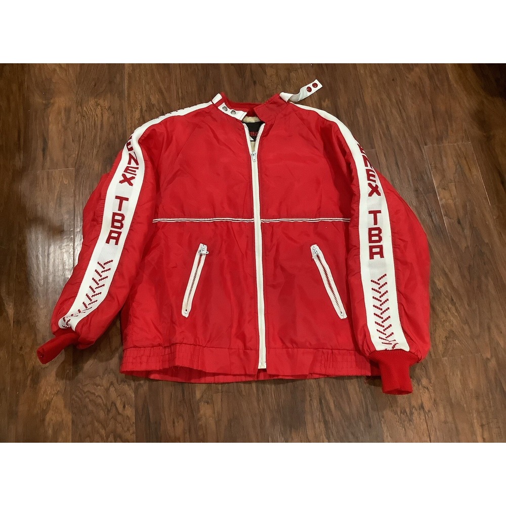 Vtg Wiman Mens Windbreaker Cenex Jacket Red White Striped Sleeve Union USA